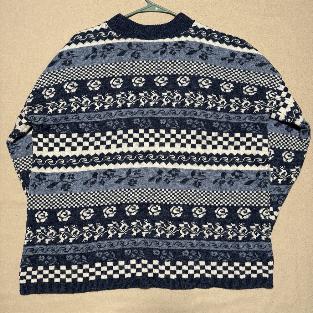 VTG Rose Womens Vintage 80s Nordic Fair Isle Pullover Sweater Size XL Blue White - Picture 2 of 6